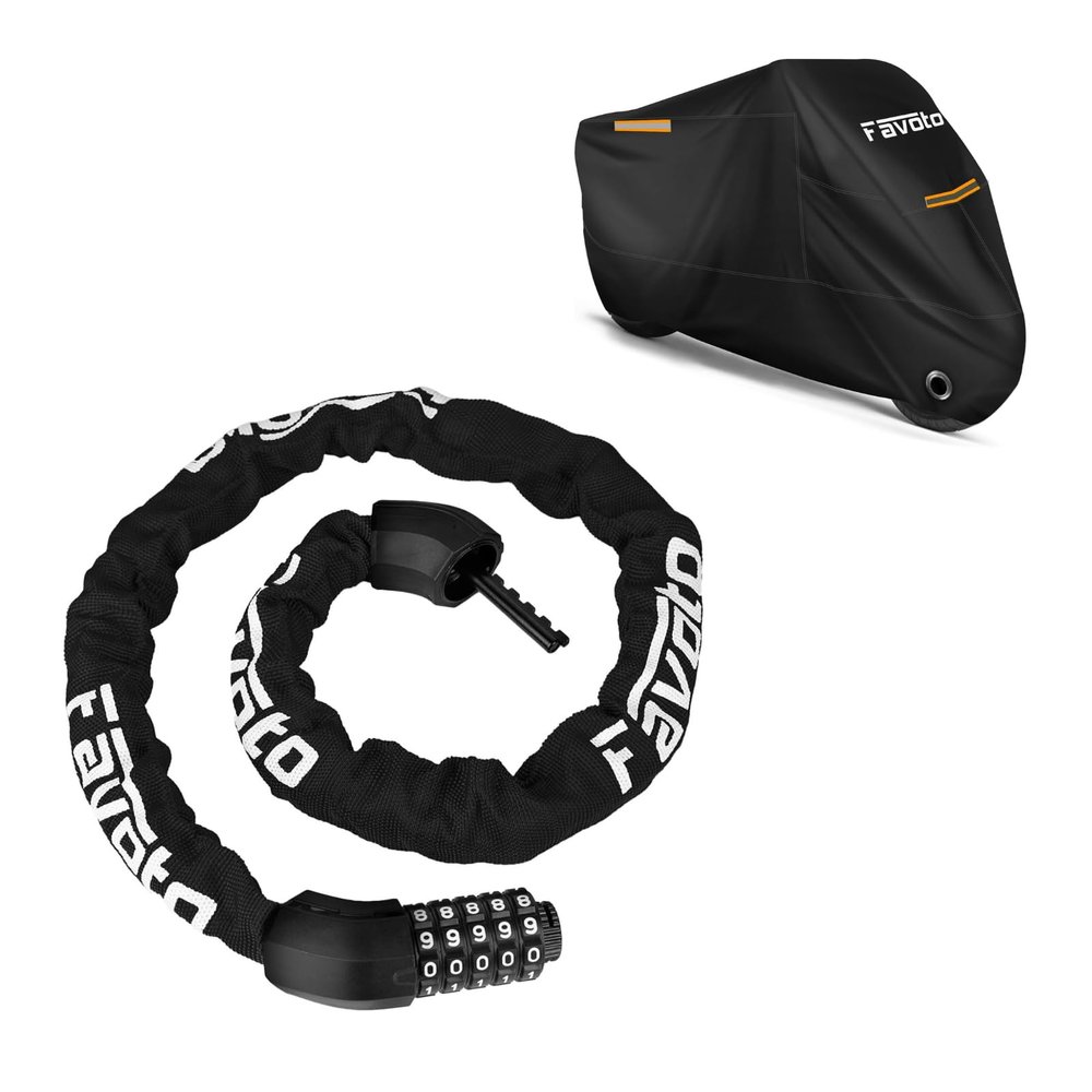 Favoto Motorcycle Cover 104" All Season with Night Reflective Stripes + Favoto Bike Chain Lock 5 Digit Combination Anti-Theft Bicycle Lock