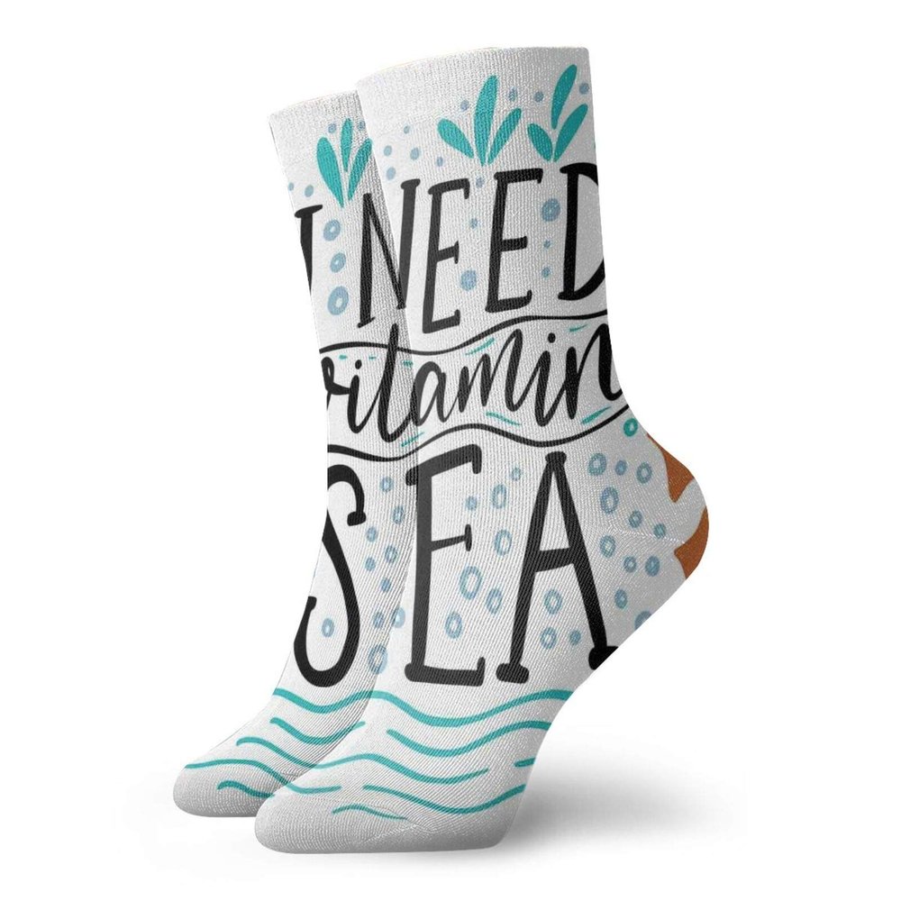 GULTMEE Funny Compression Socks Women and Men,I Need Vitamin Sea Inspirational Quote Hand Drawn With Coral Waves Starfishes Bubbles,Best for Circulation,Running,Athletic,Nurse,Travel, -12 inch
