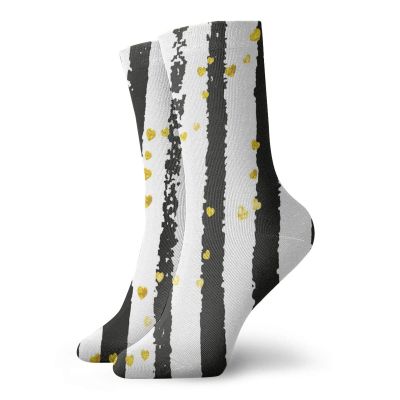 GULTMEE Fashion Compression Socks,Vertical Stripes With Golden Yellow Tone Lovely Heart Shapes,Performance Polyester Cushioned Athletic Crew Socks for Running,Athletic, -12 inch