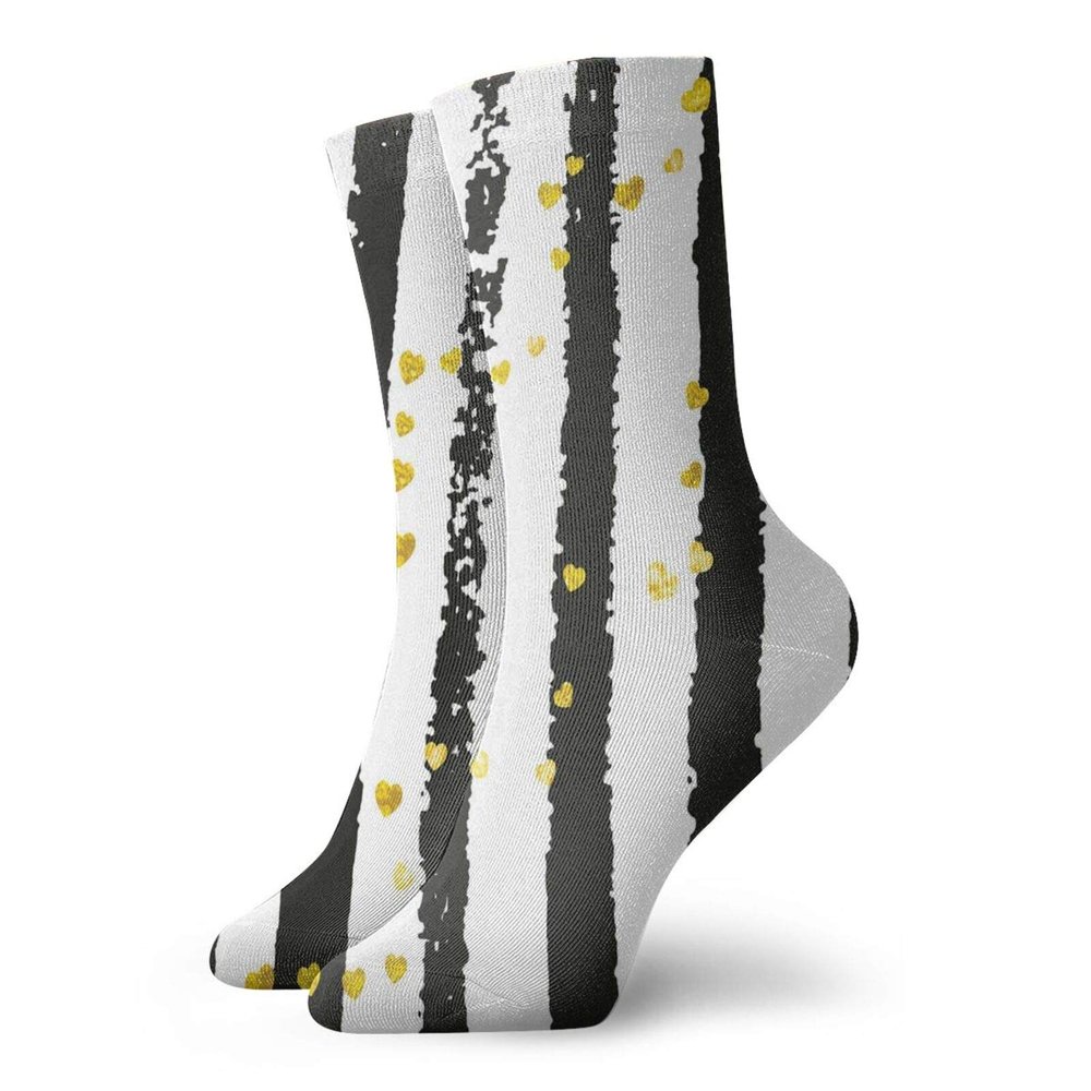 GULTMEE Fashion Compression Socks,Vertical Stripes With Golden Yellow Tone Lovely Heart Shapes,Performance Polyester Cushioned Athletic Crew Socks for Running,Athletic, -12 inch