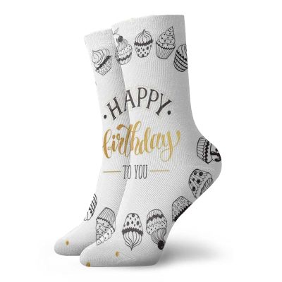 GULTMEE Funky Colorful Cushion Sport Socks,Happy Birthday To You Message With Circle Celebration Cake Design,Athletic Cushioned Running Performance Crew Socks For Men/Women, -12 inch