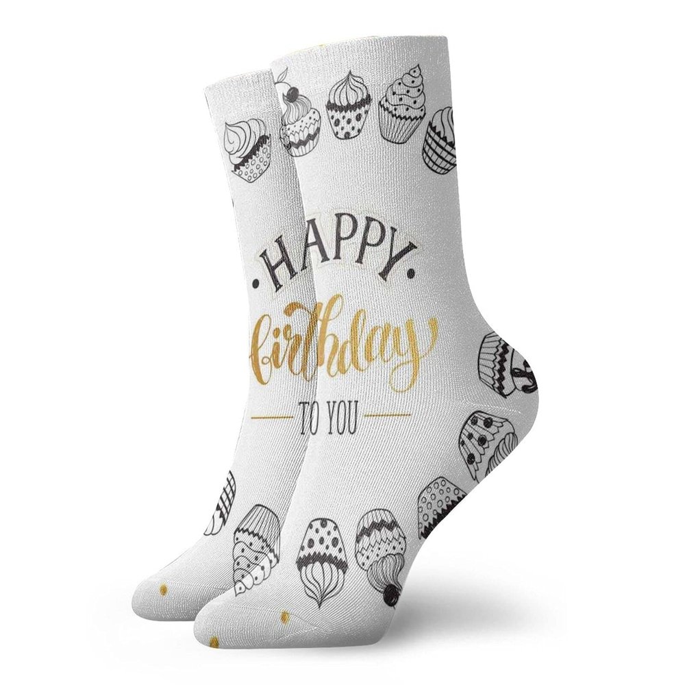 GULTMEE Funky Colorful Cushion Sport Socks,Happy Birthday To You Message With Circle Celebration Cake Design,Athletic Cushioned Running Performance Crew Socks For Men/Women, -12 inch