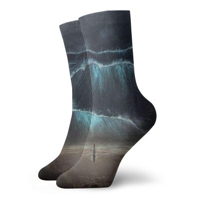 GULTMEE Fashion Compression Socks,Woman Stands Alone Gothic Tidal Wave By The Beach Print,Performance Polyester Cushioned Athletic Crew Socks for Running,Athletic, -12 inch