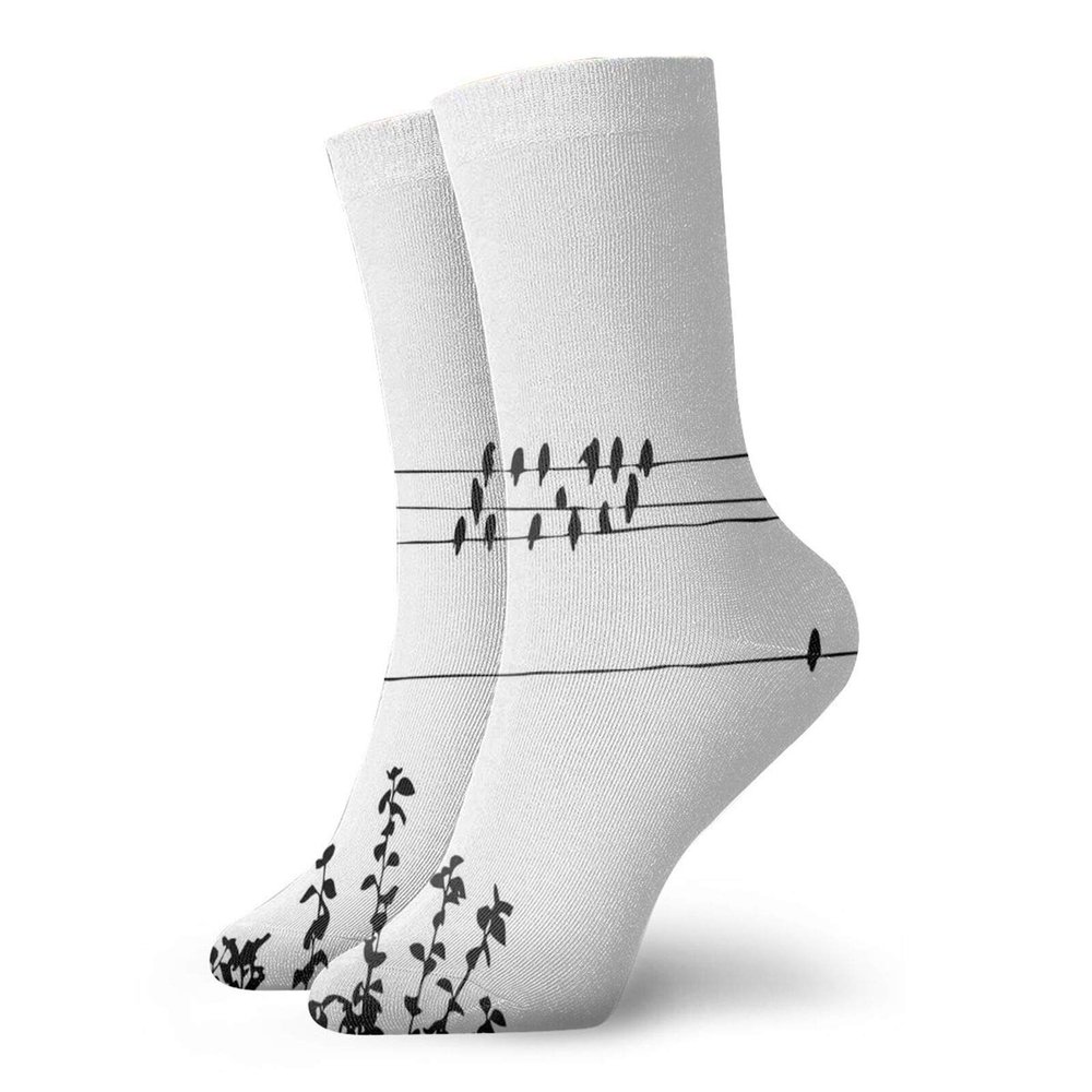 Birds On A Wire Funny Compression Socks Women and Men,Flock Of Waxwings And A Tree With Leafy Branches Monochrome Urban Scenery,Best for Circulation,Running,Athletic,Nurse,Travel,Black White -12 inch