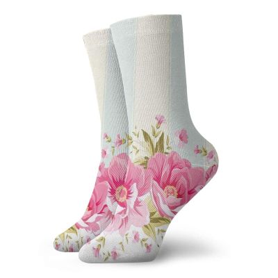 GULTMEE Vintage Funky Colorful Cushion Sport Socks,Pink Peony Border On Vertical Striped,Athletic Cushioned Running Performance Crew Socks For Men/Women,Coconut Light Blue Light Pink -12 inch