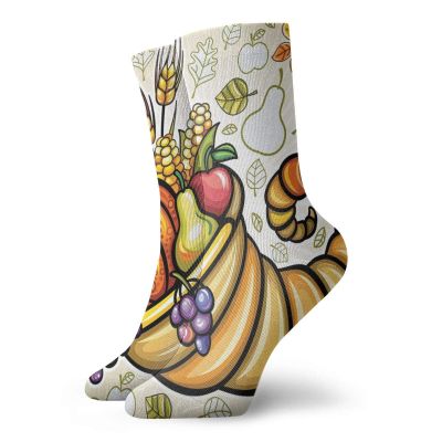 GULTMEE Funky Colorful Cushion Sport Socks,Cornucopia Harvest Thanksgiving Image With Various Fall Yield Pumpkin Corn,Athletic Cushioned Running Performance Crew Socks For Men/Women, -12 inch