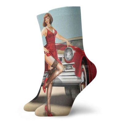 Fashion Compression Socks,Short Dutch Haircut Style Brunette Lady Standing In Front Of A Car,Performance Polyester Cushioned Athletic Crew Socks for Running,Athletic, -12 inch