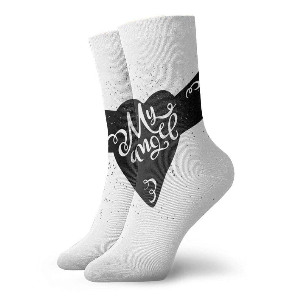Romantic Funny Compression Socks Women and Men,Cartoon Heart With Wings My Angel Stylized Lettering Black And White Dirty Look,Best for Circulation,Running,Athletic,Nurse,Travel,Black White -12 inch