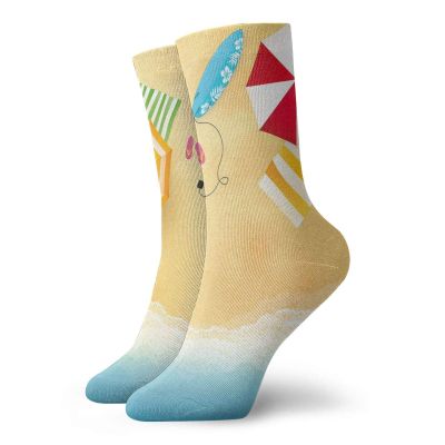 GULTMEE Funky Colorful Cushion Sport Socks,Beach Waves With Umbrella Towels And Surfing Board Swimming Themed Summer Season,Athletic Cushioned Running Performance Crew Socks For Men/Women, -12 inch