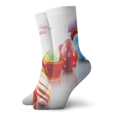 GULTMEE Funky Colorful Cushion Sport Socks,Ornamental Ribbon With Colorful Egg Pattern Happy Easter Quote Festive Arrangement,Athletic Cushioned Running Performance Crew Socks For Men/Women, -12 inch
