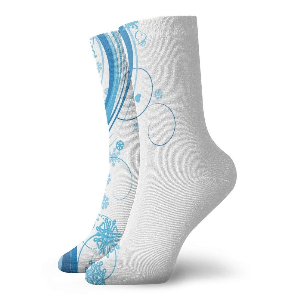 Snowflake Fashion Compression Socks,Swirls And Curves With Snow And Heart Shapes Abstract Winter,Performance Polyester Cushioned Athletic Crew Socks for Running,Athletic,Blue Pale Blue White -12 inch