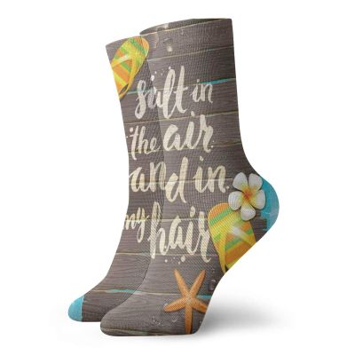 GULTMEE Fashion Compression Socks,Salt In The Air Sand In My Hair Letter Calligraphy Art With Flip Flops Figure,Performance Polyester Cushioned Athletic Crew Socks for Running,Athletic, -12 inch