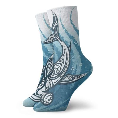 GULTMEE Shark Fashion Compression Socks,Hammerhead Fish With Ornamental Ethnic Effects,Performance Polyester Cushioned Athletic Crew Socks for Running,Athletic,Dark Petrol Blue White -12 inch