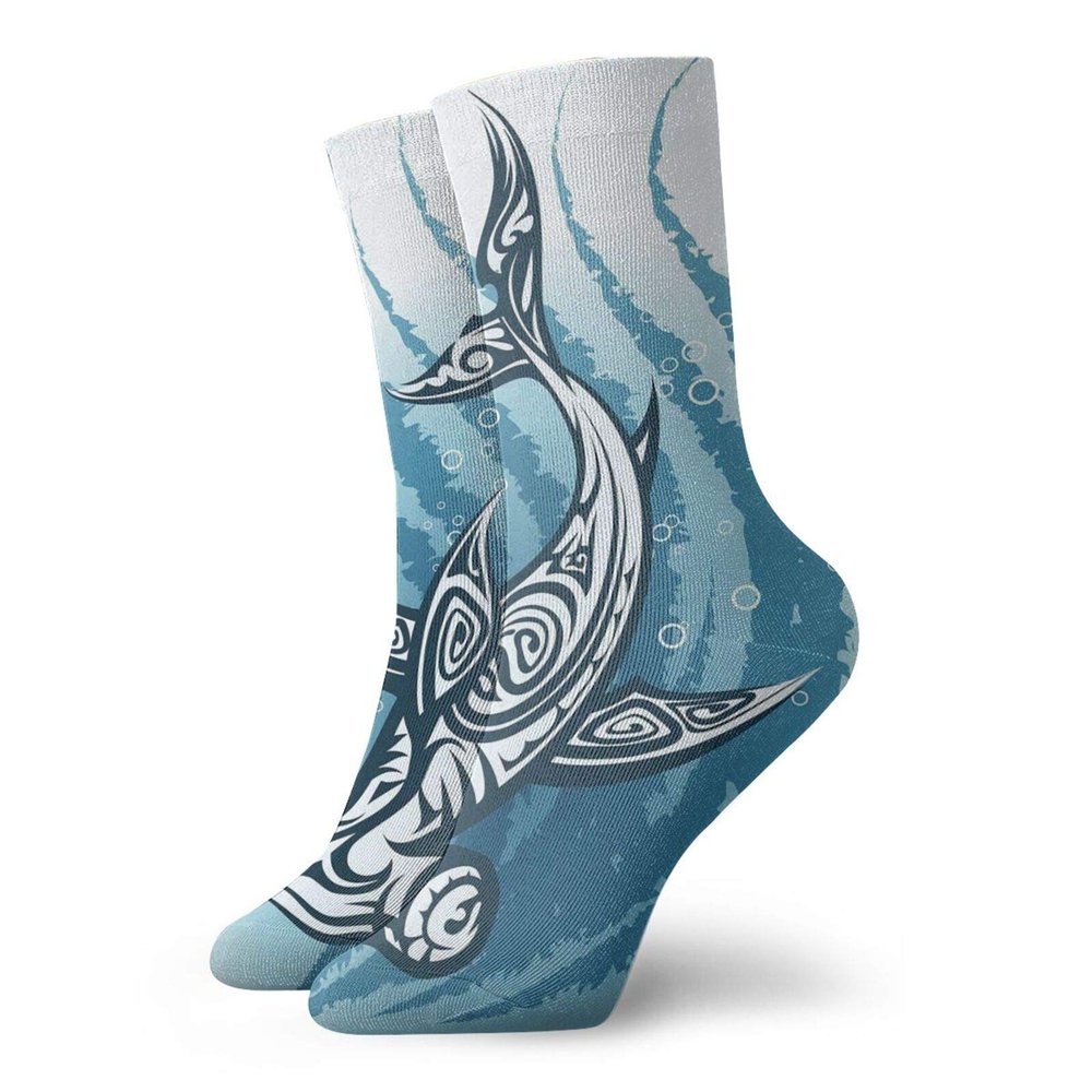 GULTMEE Shark Fashion Compression Socks,Hammerhead Fish With Ornamental Ethnic Effects,Performance Polyester Cushioned Athletic Crew Socks for Running,Athletic,Dark Petrol Blue White -12 inch