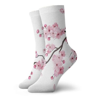 Funky Colorful Cushion Sport Socks,Illustration Of Japanese Cherry Branches With Blooming Flowers Spring Decorative Boho Art,Athletic Cushioned Running Performance Crew Socks For Men/Women, -12 inch