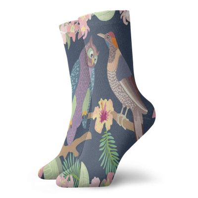 GULTMEE Funky Colorful Cushion Sport Socks,Japanese Leaf Composition With Exotic Birds Owl Motif Fantastic Avian Animals,Athletic Cushioned Running Performance Crew Socks For Men/Women, -12 inch