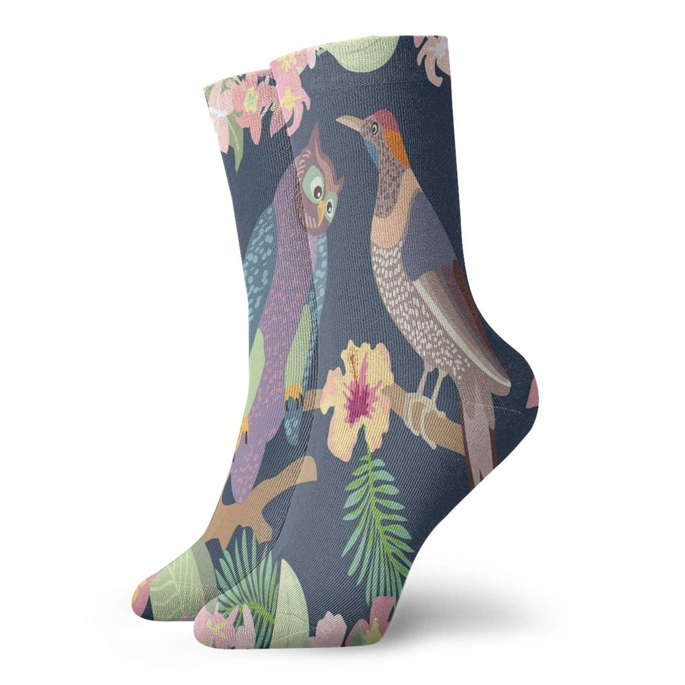 GULTMEE Funky Colorful Cushion Sport Socks,Japanese Leaf Composition With Exotic Birds Owl Motif Fantastic Avian Animals,Athletic Cushioned Running Performance Crew Socks For Men/Women, -12 inch
