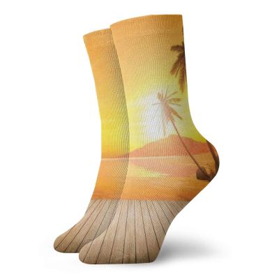 GULTMEE Fashion Compression Socks,Sunset Over The Ocean With Palm Tree And Wooden Deck Horizon View Image Tropical,Performance Polyester Cushioned Athletic Crew Socks for Running,Athletic, -12 inch