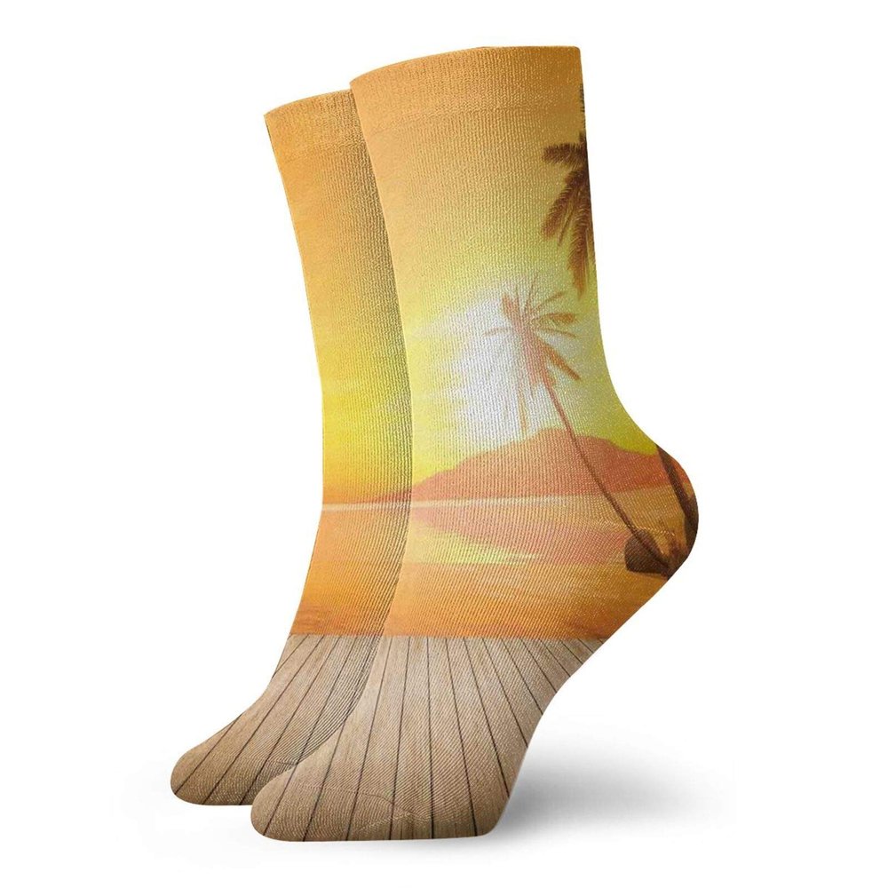 GULTMEE Fashion Compression Socks,Sunset Over The Ocean With Palm Tree And Wooden Deck Horizon View Image Tropical,Performance Polyester Cushioned Athletic Crew Socks for Running,Athletic, -12 inch