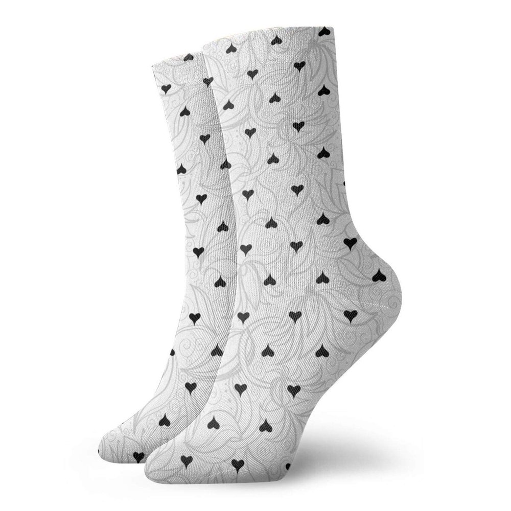 Hearts Funny Compression Socks Women and Men,Soft Floral Arrangement Background With Flowers Swirls With Little Hearts,Best for Circulation,Running,Athletic,Nurse,Travel,Black Silver White -12 inch