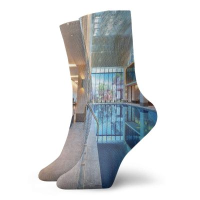 GULTMEE Fashion Compression Socks,Indoor Swimming Pool With Relaxing Long Seats Calming Image,Performance Polyester Cushioned Athletic Crew Socks for Running,Athletic, -12 inch