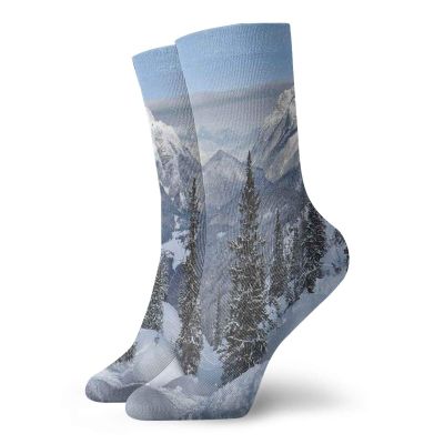 Farmhouse Fashion Compression Socks,Epic Winter Landscape With Snowy Pine Trees In Switzerland Woods Print,Performance Polyester Cushioned Athletic Crew Socks for Running,Athletic,White Green -12 inch