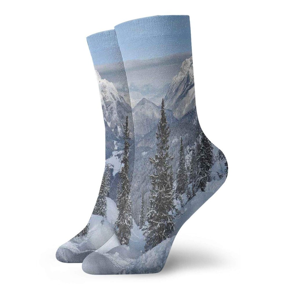 Farmhouse Fashion Compression Socks,Epic Winter Landscape With Snowy Pine Trees In Switzerland Woods Print,Performance Polyester Cushioned Athletic Crew Socks for Running,Athletic,White Green -12 inch