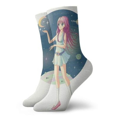 GULTMEE Anime Funky Colorful Cushion Sport Socks,Illustration Of A Girl Against Background,Athletic Cushioned Running Performance Crew Socks For Men/Women,Multicolor -12 inch