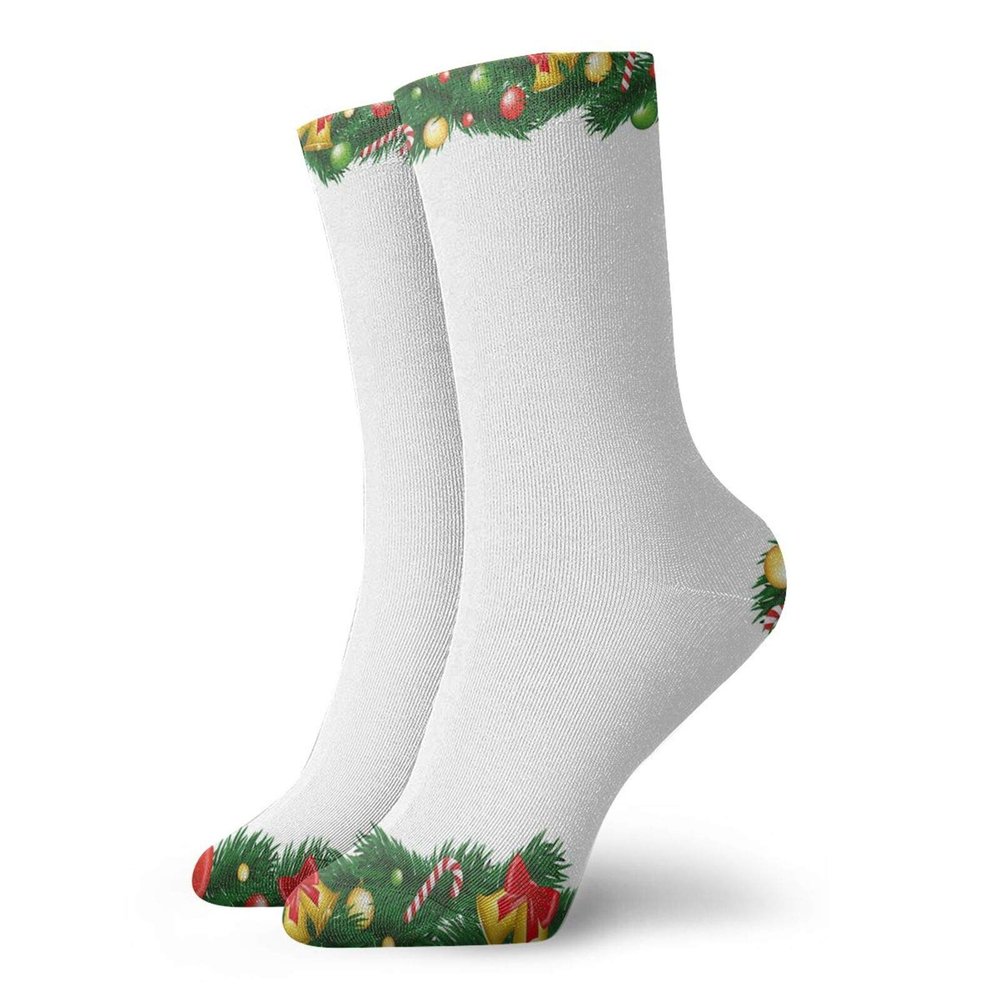 New Year Funny Compression Socks Women and Men,Xmas Themed Garland With Candy Canes Ribbons Colorful Baubles And Bells Winter,Best for Circulation,Running,Athletic,Nurse,Travel,Multicolor -12 inch