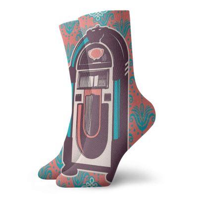 GULTMEE Funky Colorful Cushion Sport Socks,Floral Paisley Inspired Backdrop With Music Box Retro Party Print,Athletic Cushioned Running Performance Crew Socks For Men/Women, -12 inch