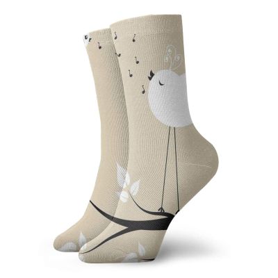GULTMEE Flying Birds Fashion Compression Socks,Two Birds On A Branch Singing,Performance Polyester Cushioned Athletic Crew Socks for Running,Athletic,Cream Black White -12 inch
