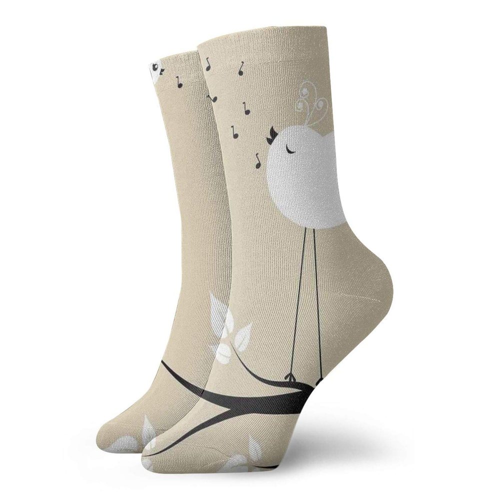 GULTMEE Flying Birds Fashion Compression Socks,Two Birds On A Branch Singing,Performance Polyester Cushioned Athletic Crew Socks for Running,Athletic,Cream Black White -12 inch