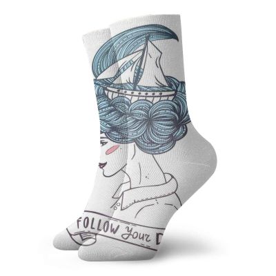 GULTMEE Funky Colorful Cushion Sport Socks,Girl Portrait With Pale Blue Hair As Abstract Waves With Boat Dreamy Artwork,Athletic Cushioned Running Performance Crew Socks For Men/Women, -12 inch