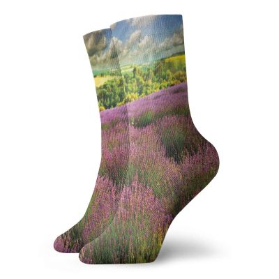 GULTMEE Funky Colorful Cushion Sport Socks,Nature Themed Beautiful Outdoor Scene Of Lavender Field And Cloudy Sky,Athletic Cushioned Running Performance Crew Socks For Men/Women, -12 inch
