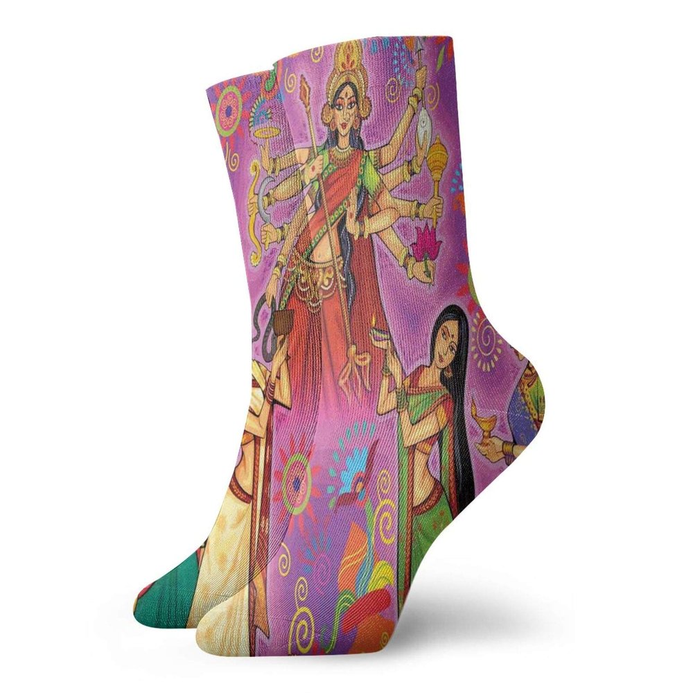 GULTMEE Funny Compression Socks Women and Men,Asian Woman In Colorful Dress Cartoon Style Figures On Paisley And Flower Backdrop,Best for Circulation,Running,Athletic,Nurse,Travel, -12 inch