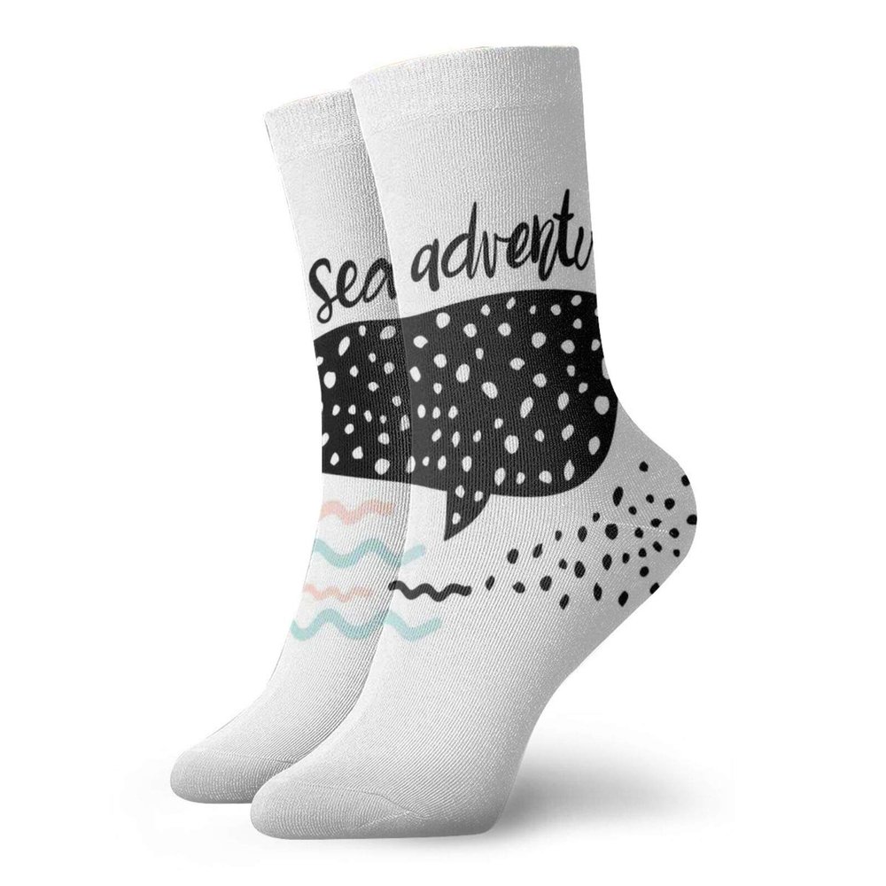 GULTMEE Funky Colorful Cushion Sport Socks,Sea Adventure Text With Hand Drawn Whale Shark Design,Athletic Cushioned Running Performance Crew Socks For Men/Women, -12 inch