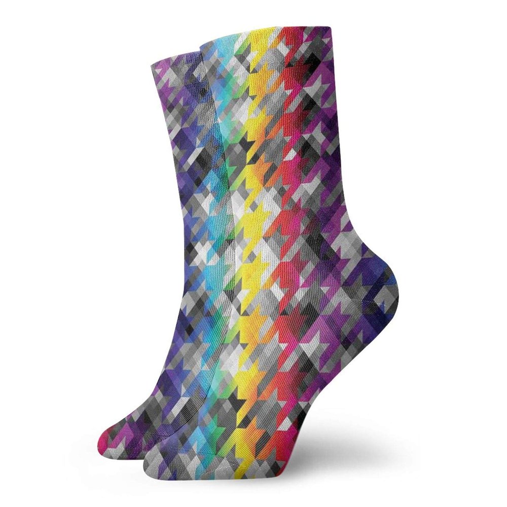 GULTMEE Fashion Compression Socks,Diagonal Geometrical Houndstooth Pattern In Rainbow Colors On Gray Background,Performance Polyester Cushioned Athletic Crew Socks for Running,Athletic, -12 inch