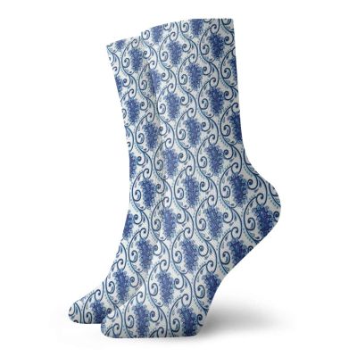 GULTMEE Paisley Funky Colorful Cushion Sport Socks,Vintage Eastren Inspired With Flowers Ivy Leaves And Dots Nature,Athletic Cushioned Running Performance Crew Socks For Men/Women,Blue White -12 inch