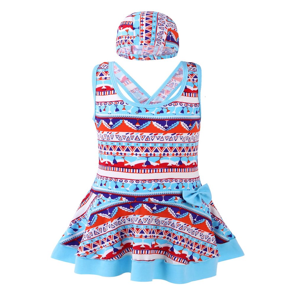 Hansber Kids Girls 2Pcs Athletic Tankini Sets Swimsuit Bohemia Printed Tanks Skirts Bathing Suit Blue 5-6 Years