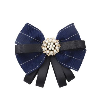 FASELE Pearl Bow Brooch Pre Tied Neck Tie Brooch Pin Clip Ribbon Plaid Bow Tie for Women Wedding Party Navy Blue