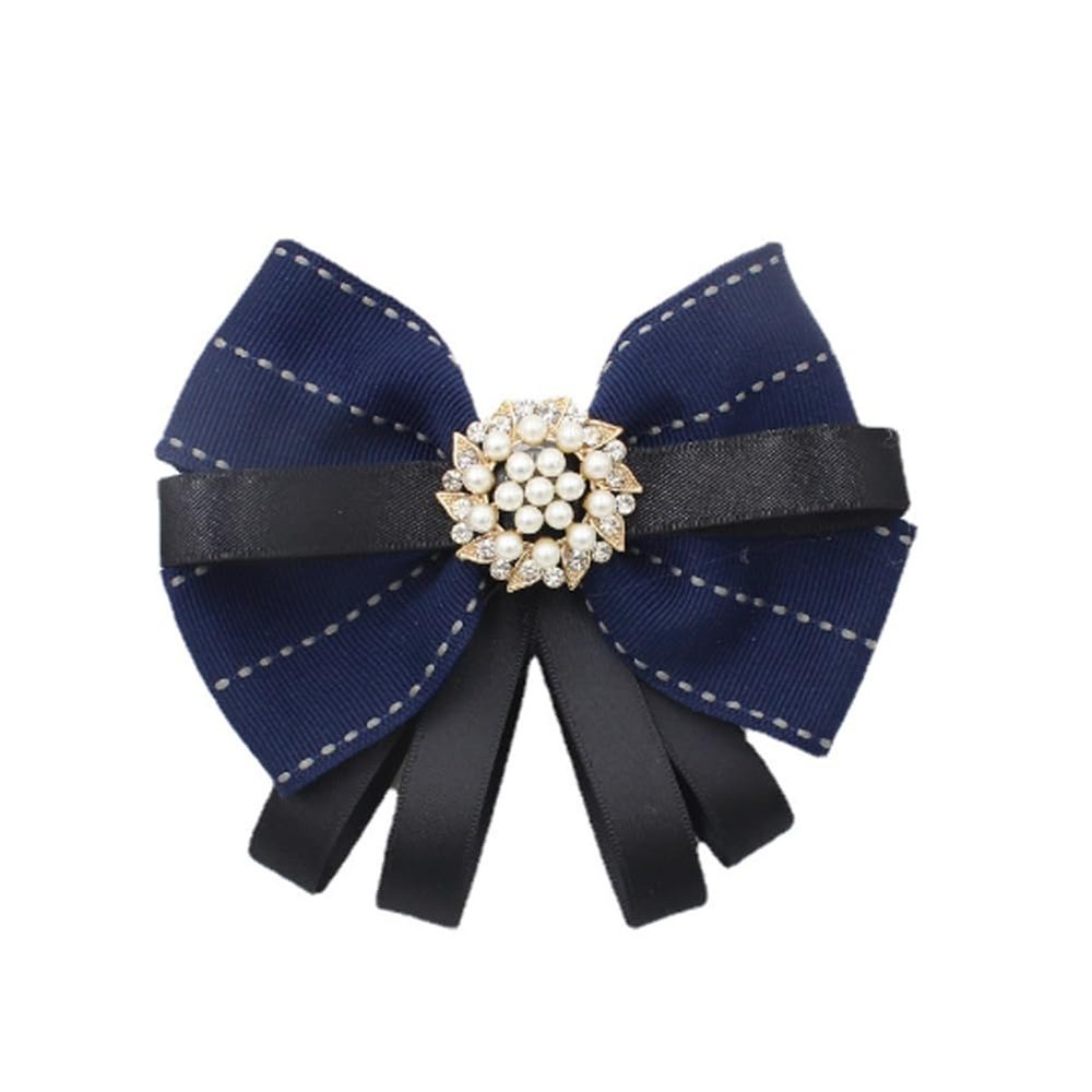 FASELE Pearl Bow Brooch Pre Tied Neck Tie Brooch Pin Clip Ribbon Plaid Bow Tie for Women Wedding Party Navy Blue