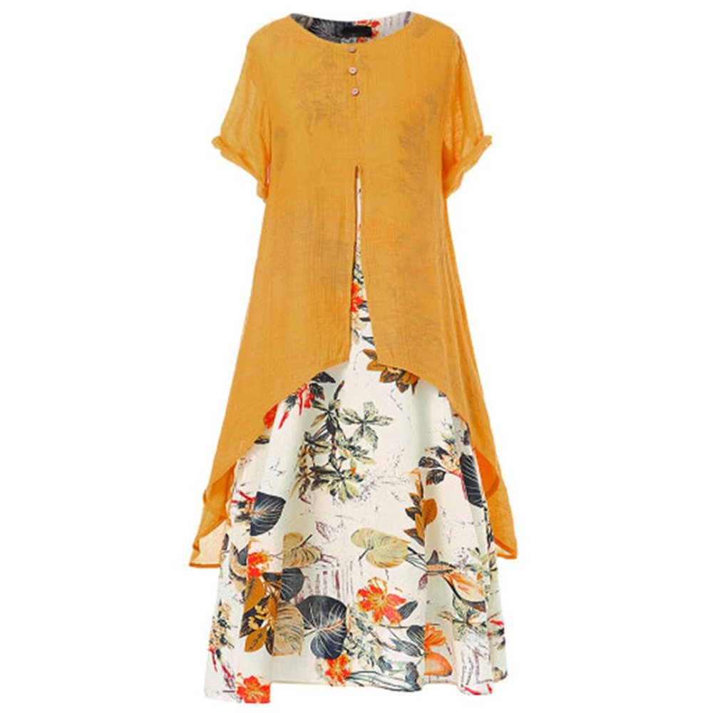 2021 New Cotton Linen Blossom Round Neck Short-Sleeved Dress