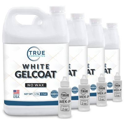 True Composites White Gelcoat No Wax  Isophthalic NPG Fiberglass Marine Gel Repair Kit, UV Resistant & Waterproof for Boats, Pools & Fiberglass (4 Gallon + 8oz MEKP-925)