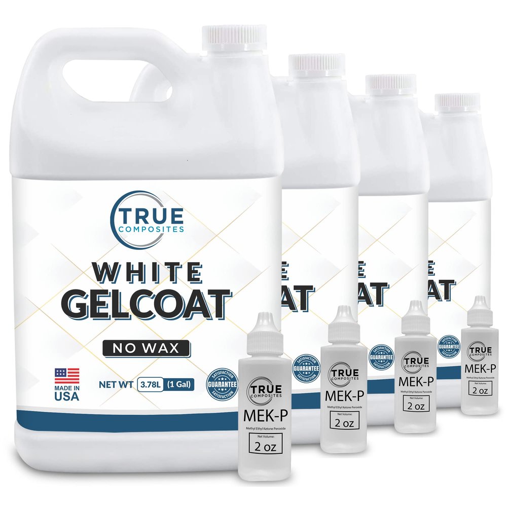 True Composites White Gelcoat No Wax  Isophthalic NPG Fiberglass Marine Gel Repair Kit, UV Resistant & Waterproof for Boats, Pools & Fiberglass (4 Gallon + 8oz MEKP-925)