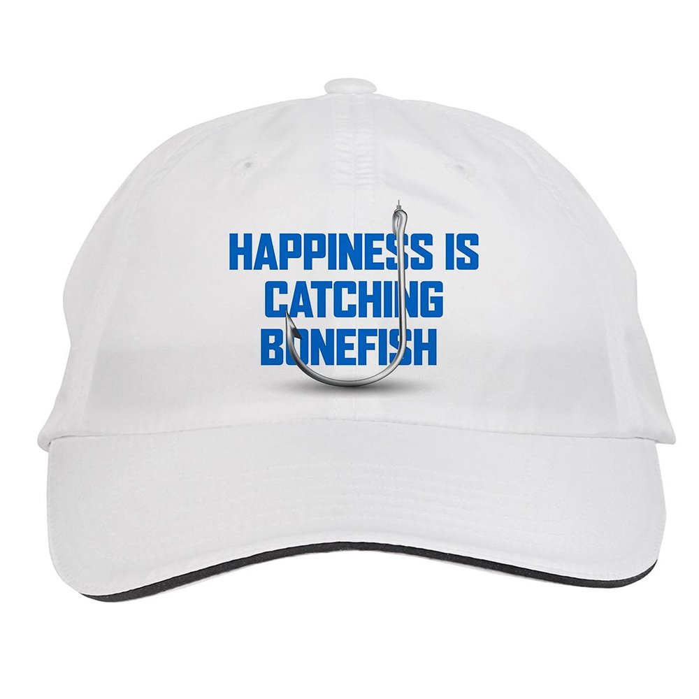Makoroni - Happiness is CATCHING Bonefish Fish Fishing Hat Adjustable Cap, DesB4 White
