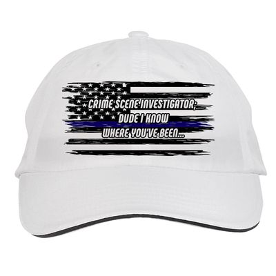 Makoroni - Crime Scene Investigator; Dude I Know Where You've Been Cop, Police Hat Adjustable Cap, DesU45 White