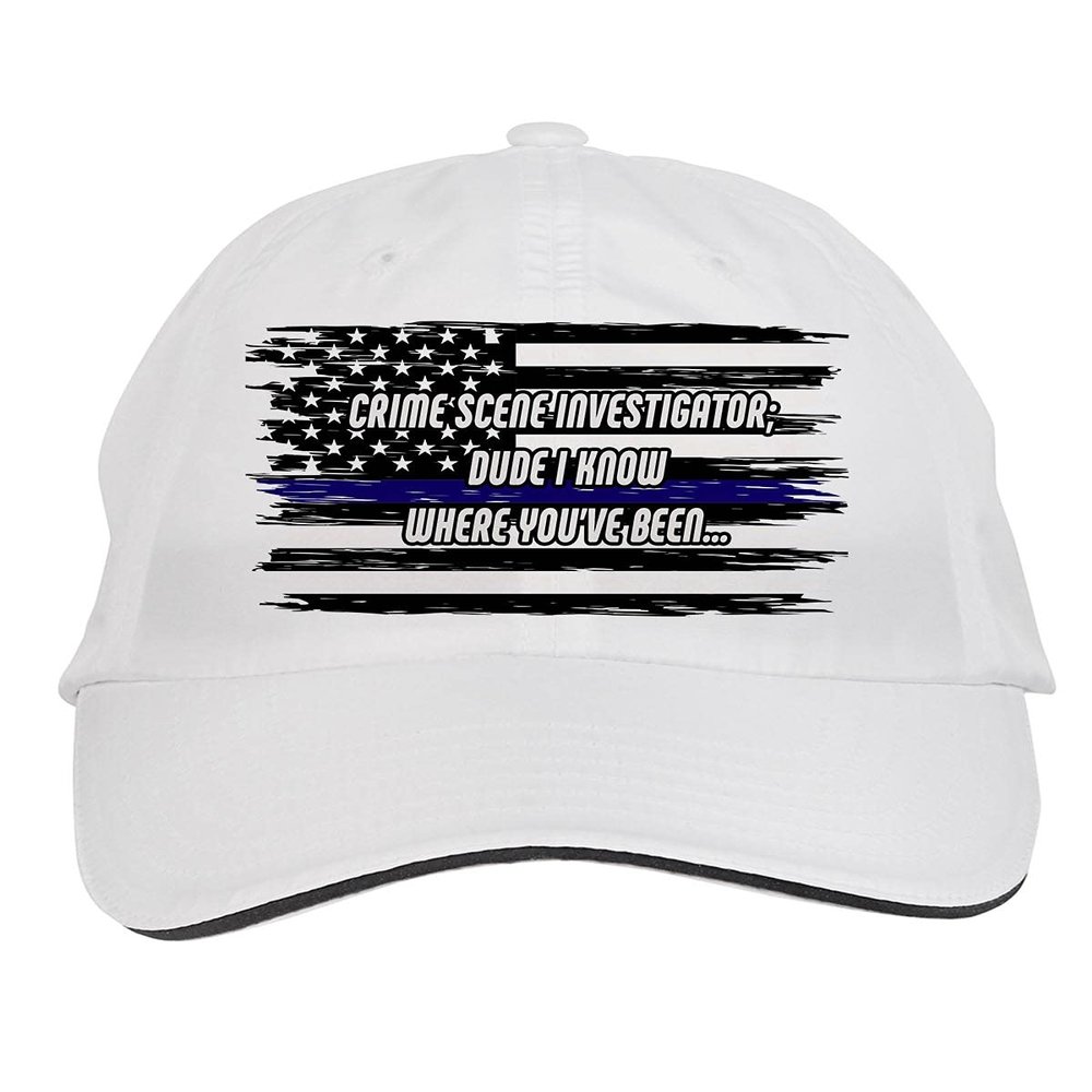Makoroni - Crime Scene Investigator; Dude I Know Where You've Been Cop, Police Hat Adjustable Cap, DesU45 White