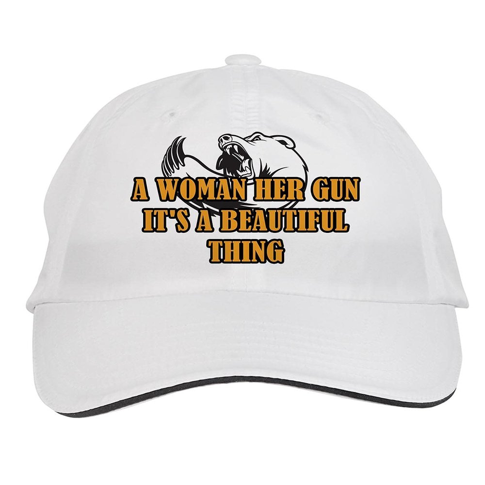 Makoroni - A Woman HER Gun It's A Beautiful Thing Bear Hunting Hunter Hat Adjustable Cap, DesC63 White
