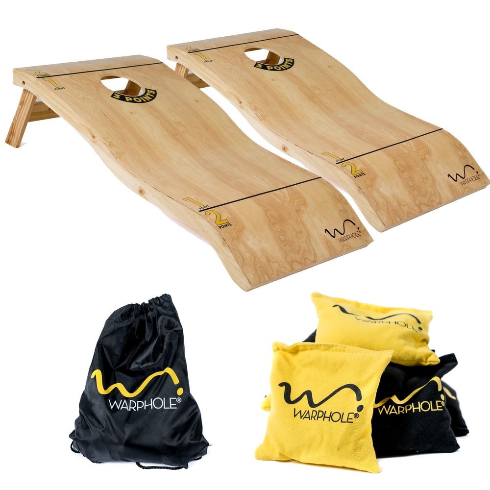 Curved Cornhole Set by Warphole, Solid Wood, 4'x2' Corn Hole Toss Boards Set w/8 Waterproof Cornhole Bean Bags + Premium Tote