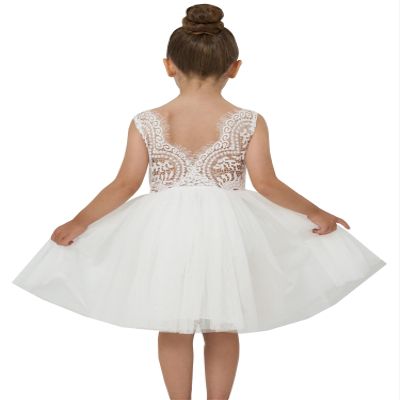 2Bunnies Girl Peony Lace Back A-Line Straight Tutu Tulle Party Flower Girl Dress (White Sleeveless Short, 12-18M)